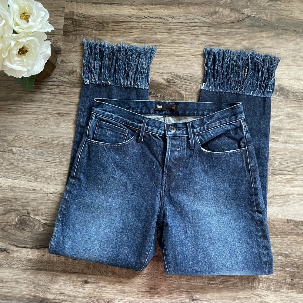 3X1 Dark Wash Cropped Fringe Soldier Straight Leg Jeans